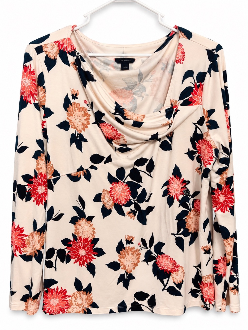 Ann Taylor Cream Floral Cowl-Neck Long Sleeve Top